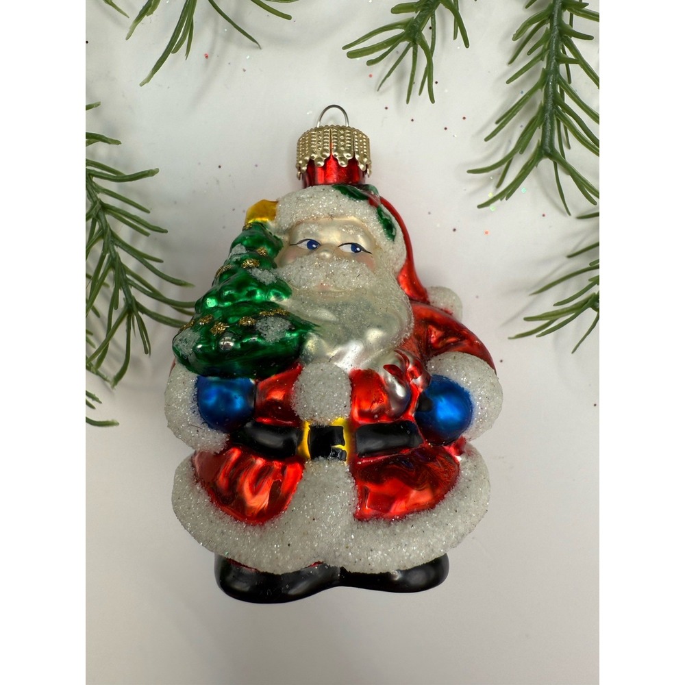 Polish Blown Glass‎ Santa w/ Tree Ornament 3.5" Beaded Cap Vintage Style